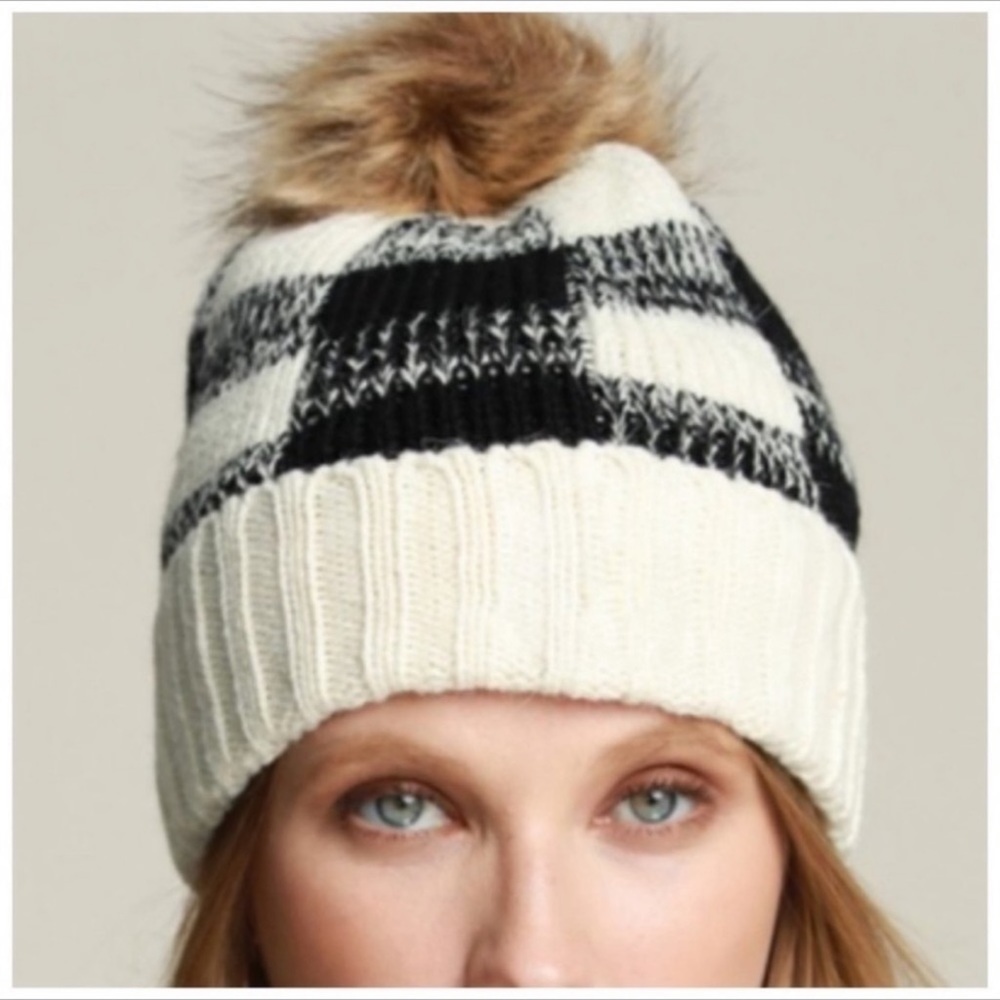 FUR LINED | Ivory plaid faux fur Pom beanie
